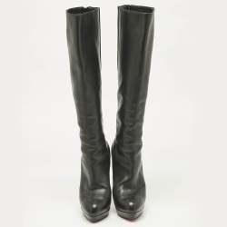 Pre Owned حذاء بوت بركب عالية كريستيان لوبوتان بيانكا جلد أسود مقاس 37.5