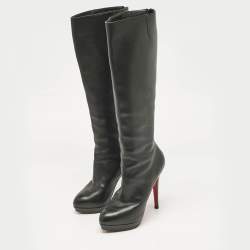 Pre Owned حذاء بوت بركب عالية كريستيان لوبوتان بيانكا جلد أسود مقاس 37.5