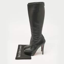 Pre Owned حذاء بوت بركب عالية كريستيان لوبوتان بيانكا جلد أسود مقاس 37.5