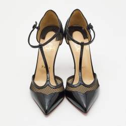 Christian Louboutin Black Patent Leather and Mesh Mrs. Early Pointed Toe Sandals Size 38.5