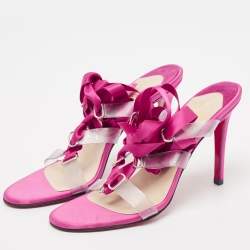 Christian Louboutin Pink/Transparent Satin and PVC Ankle Wrap Sandals Size 38.5