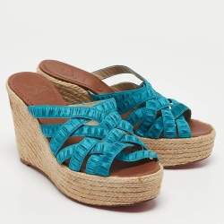 Pre Owned Christian Louboutin Blue Fabric Crepon Wedge Sandals Size 36