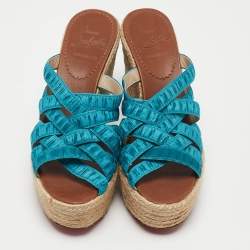 Pre Owned Christian Louboutin Blue Fabric Crepon Wedge Sandals Size 36