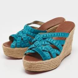 Pre Owned Christian Louboutin Blue Fabric Crepon Wedge Sandals Size 36