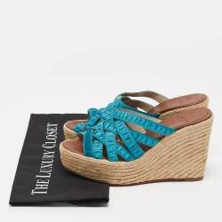 Pre Owned Christian Louboutin Blue Fabric Crepon Wedge Sandals Size 36