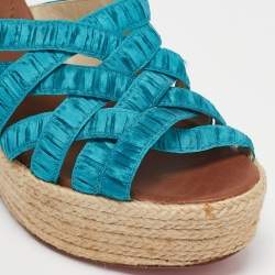 Pre Owned Christian Louboutin Blue Fabric Crepon Wedge Sandals Size 36