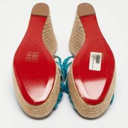 Pre Owned Christian Louboutin Blue Fabric Crepon Wedge Sandals Size 36