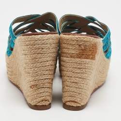Pre Owned Christian Louboutin Blue Fabric Crepon Wedge Sandals Size 36