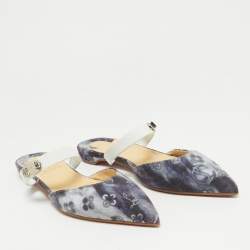 Christian Louboutin Grey/White Canvas and Leather Choc Lock Flat Mules Size 36.5