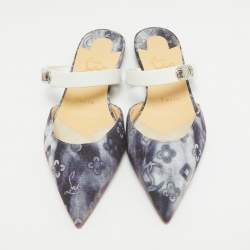 Christian Louboutin Grey/White Canvas and Leather Choc Lock Flat Mules Size 36.5