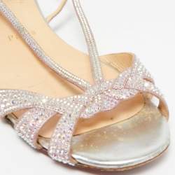Christian Louboutin Pink/Silver Suede Crystal Embellished Slingback Flat Sandals Size 38