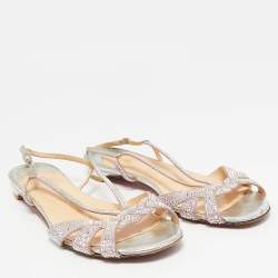 Christian Louboutin Pink/Silver Suede Crystal Embellished Slingback Flat Sandals Size 38