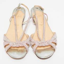 Christian Louboutin Pink/Silver Suede Crystal Embellished Slingback Flat Sandals Size 38