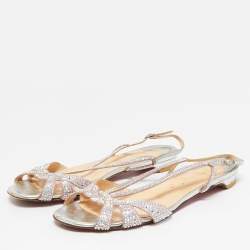 Christian Louboutin Pink/Silver Suede Crystal Embellished Slingback Flat Sandals Size 38