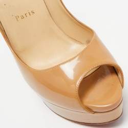 Pre Owned Christian Louboutin Beige Patent Leather Lady Peep Pumps Size 38.5
