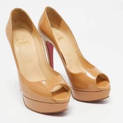 Pre Owned Christian Louboutin Beige Patent Leather Lady Peep Pumps Size 38.5