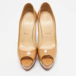 Pre Owned Christian Louboutin Beige Patent Leather Lady Peep Pumps Size 38.5