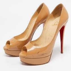 Pre Owned Christian Louboutin Beige Patent Leather Lady Peep Pumps Size 38.5