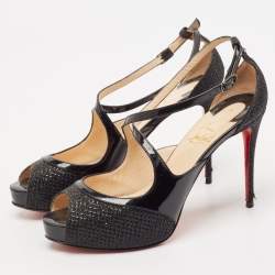 Pre Owned Christian Louboutin Black Patent Leather And Glitter Fabric Mira Bella Cross Strap Sandals Size 37.5