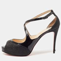 Pre Owned Christian Louboutin Black Patent Leather And Glitter Fabric Mira Bella Cross Strap Sandals Size 37.5