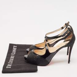 Pre Owned Christian Louboutin Black Patent Leather And Glitter Fabric Mira Bella Cross Strap Sandals Size 37.5