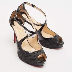 Pre Owned Christian Louboutin Black Patent Leather And Glitter Fabric Mira Bella Cross Strap Sandals Size 37.5
