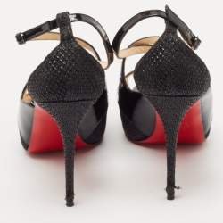 Pre Owned Christian Louboutin Black Patent Leather And Glitter Fabric Mira Bella Cross Strap Sandals Size 37.5