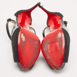 Pre Owned Christian Louboutin Black Patent Leather And Glitter Fabric Mira Bella Cross Strap Sandals Size 37.5