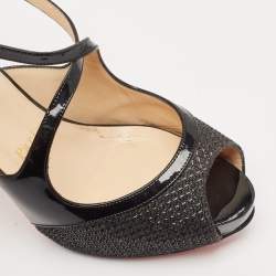 Pre Owned Christian Louboutin Black Patent Leather And Glitter Fabric Mira Bella Cross Strap Sandals Size 37.5