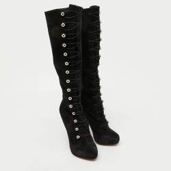 Christian Louboutin Black Suede Leather Fabiola Knee Length Boots Size 39