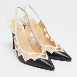 Pre Owned Christian Louboutin Black/White Leather Triangular Cut-Out Slingback Pumps Size 40