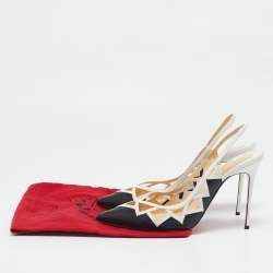 Pre Owned Christian Louboutin Black/White Leather Triangular Cut-Out Slingback Pumps Size 40