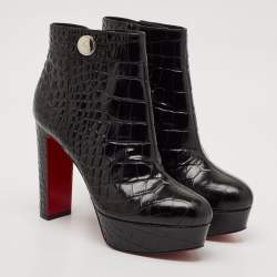 Christian Louboutin Black Croc Embossed Leather Ankle Length Boots Size 39