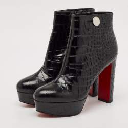Christian Louboutin Black Croc Embossed Leather Ankle Length Boots Size 39