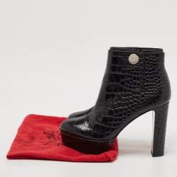 Christian Louboutin Black Croc Embossed Leather Ankle Length Boots Size 39