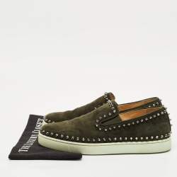 Christian Louboutin Dark Green Suede Spike Pik Boat Slip On Sneakers Size 40.5