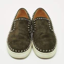Christian Louboutin Dark Green Suede Spike Pik Boat Slip On Sneakers Size 40.5