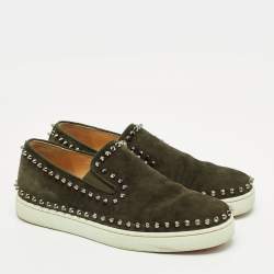 Christian Louboutin Dark Green Suede Spike Pik Boat Slip On Sneakers Size 40.5