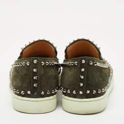 Christian Louboutin Dark Green Suede Spike Pik Boat Slip On Sneakers Size 40.5