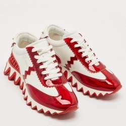 Christian Louboutin White/Red Patent and Leather Loubishark Sneakers Size 37