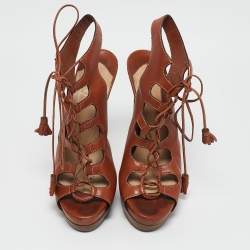 Christian Louboutin Brown Cut Out Leather Ankle Strap Sandals Size 39