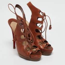 Christian Louboutin Brown Cut Out Leather Ankle Strap Sandals Size 39