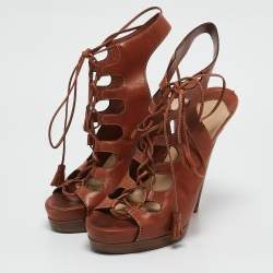 Christian Louboutin Brown Cut Out Leather Ankle Strap Sandals Size 39