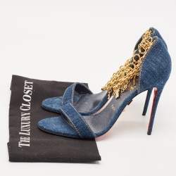 Pre Owned Christian Louboutin Navy Blue Denim Gourmi Chain Ankle Strap Sandals Size 39.5