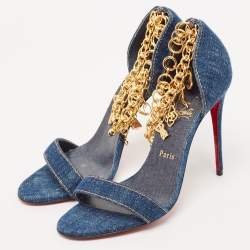 Pre Owned Christian Louboutin Navy Blue Denim Gourmi Chain Ankle Strap Sandals Size 39.5