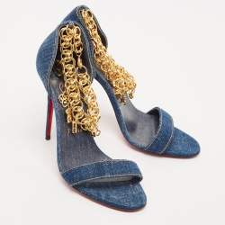 Pre Owned Christian Louboutin Navy Blue Denim Gourmi Chain Ankle Strap Sandals Size 39.5