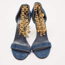 Pre Owned Christian Louboutin Navy Blue Denim Gourmi Chain Ankle Strap Sandals Size 39.5