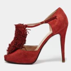 Christian Louboutin Red Suede Flower Bow Ankle Strap Sandals Size 38