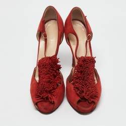 Christian Louboutin Red Suede Flower Bow Ankle Strap Sandals Size 38