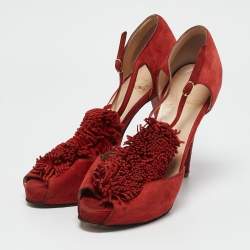 Christian Louboutin Red Suede Flower Bow Ankle Strap Sandals Size 38